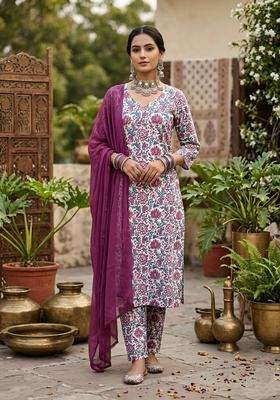 Off White Printed Cotton Kurta Set
