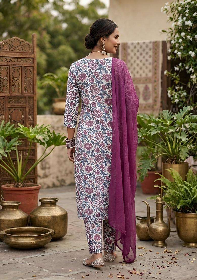 Off White Printed Cotton Kurta Set - Indya