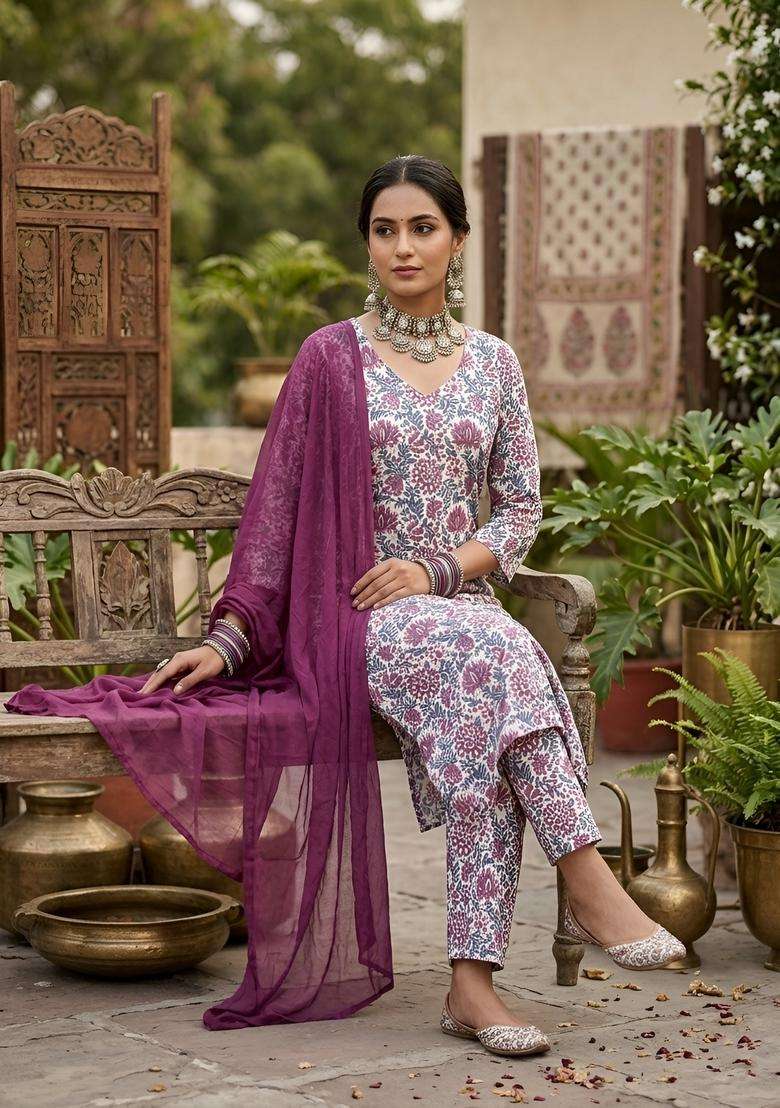 Off White Printed Cotton Kurta Set - Indya