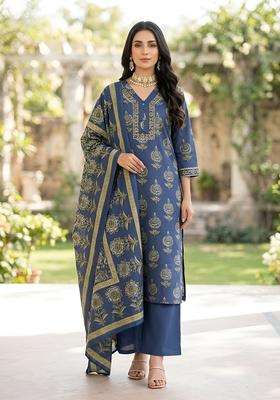 Blue Printed Cotton Kurta Set