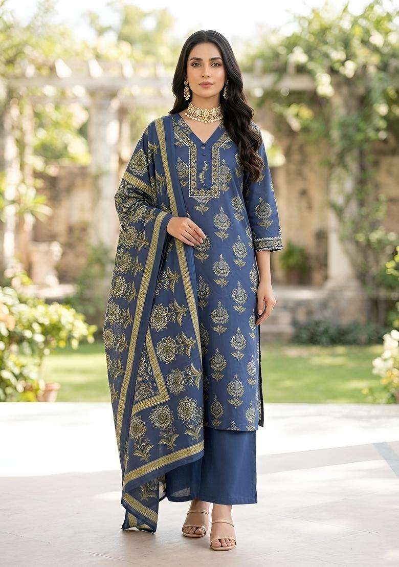 Blue Printed Cotton Kurta Set - Indya