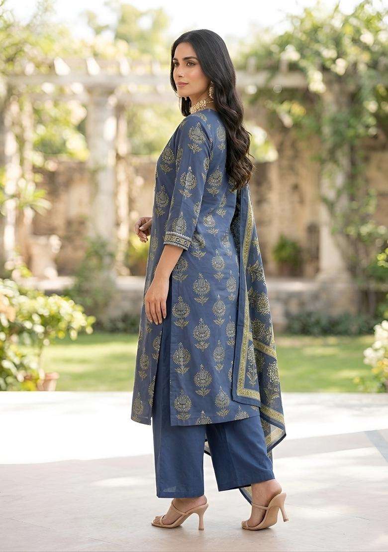 Blue Printed Cotton Kurta Set - Indya