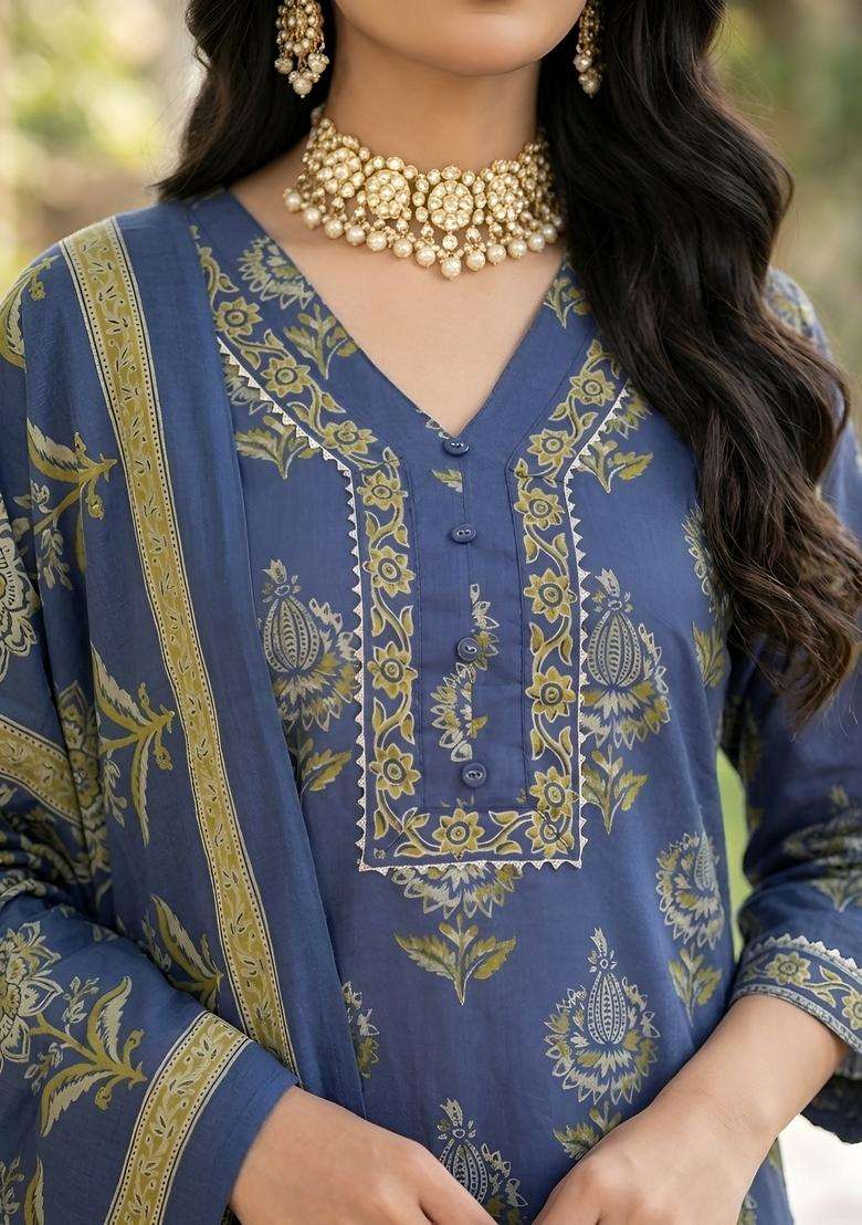 Blue Printed Cotton Kurta Set - Indya