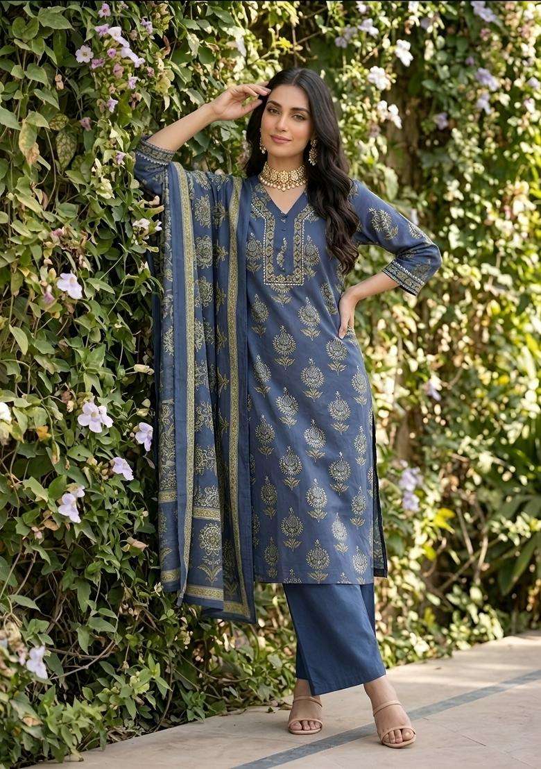 Blue Printed Cotton Kurta Set - Indya