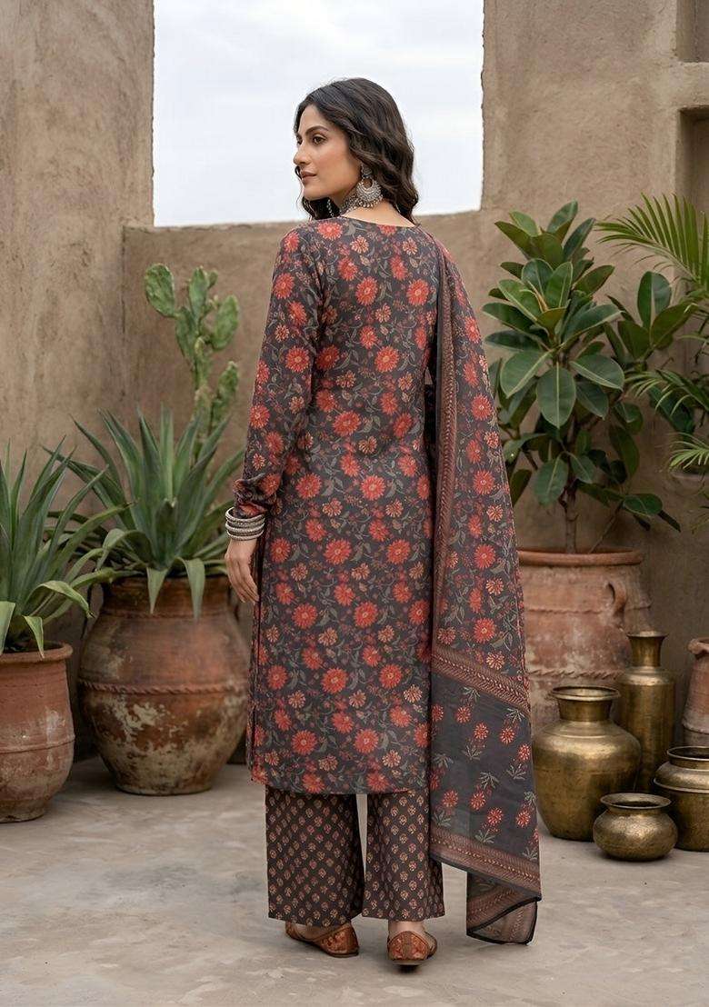 Black Printed Cotton Kurta Set - Indya