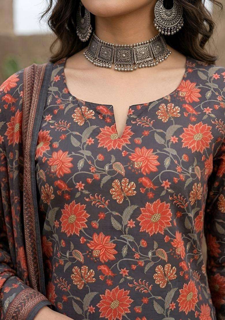 Black Printed Cotton Kurta Set - Indya