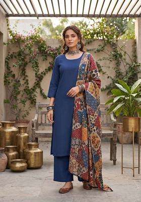 Blue Printed Cotton Kurta Set