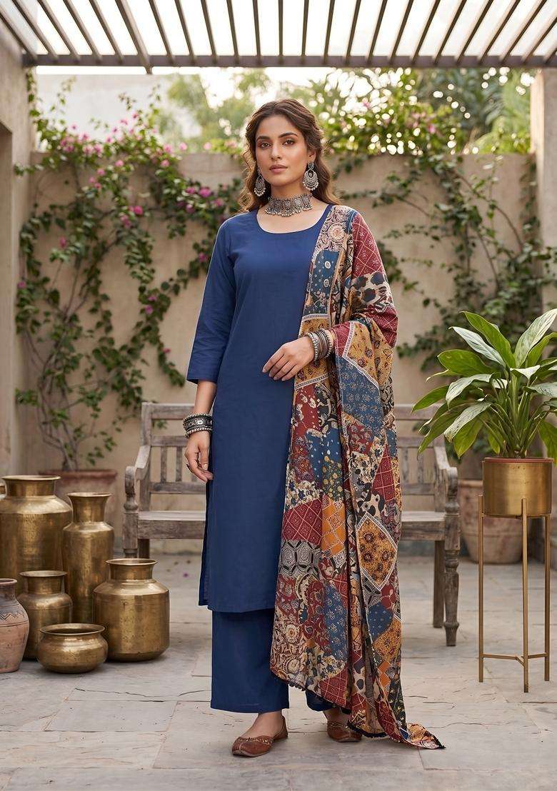 Blue Printed Cotton Kurta Set - Indya