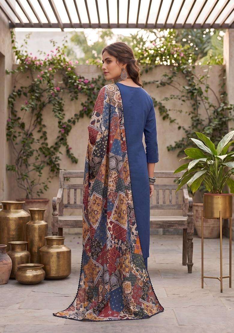 Blue Printed Cotton Kurta Set - Indya
