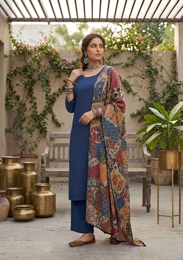 Blue Printed Cotton Kurta Set - Indya