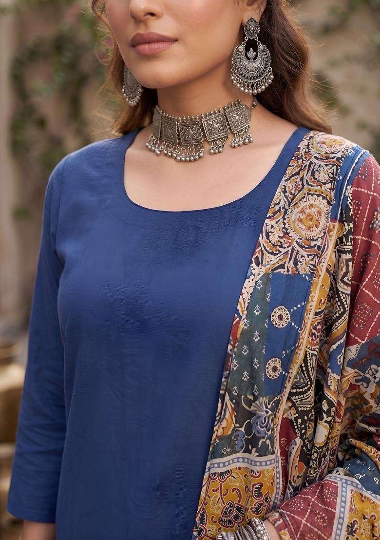 Blue Printed Cotton Kurta Set - Indya