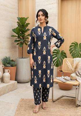 Black Printed Cotton Kurta Set