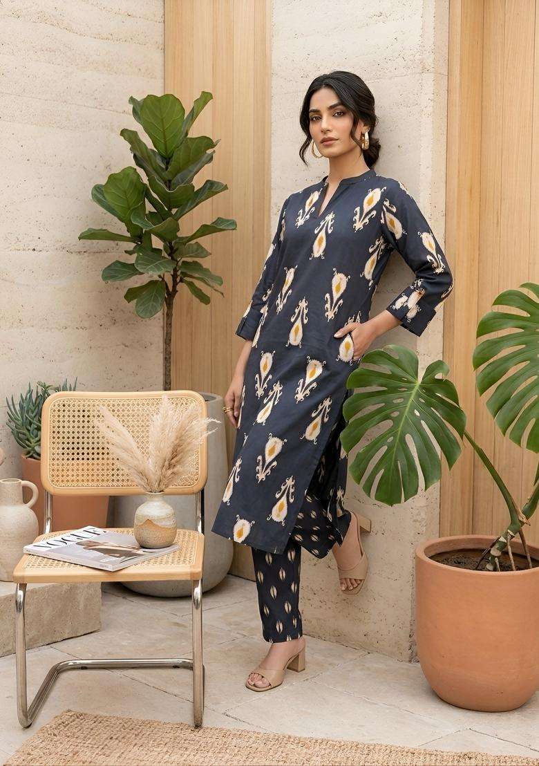 Black Printed Cotton Kurta Set - Indya