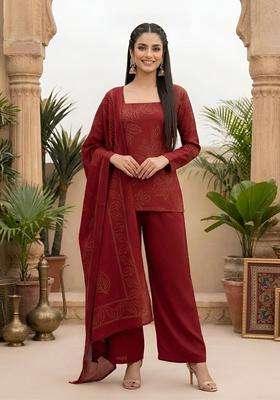 Maroon Printed Cotton Kurta Set