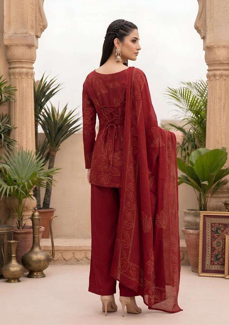 Maroon Printed Cotton Kurta Set - Indya