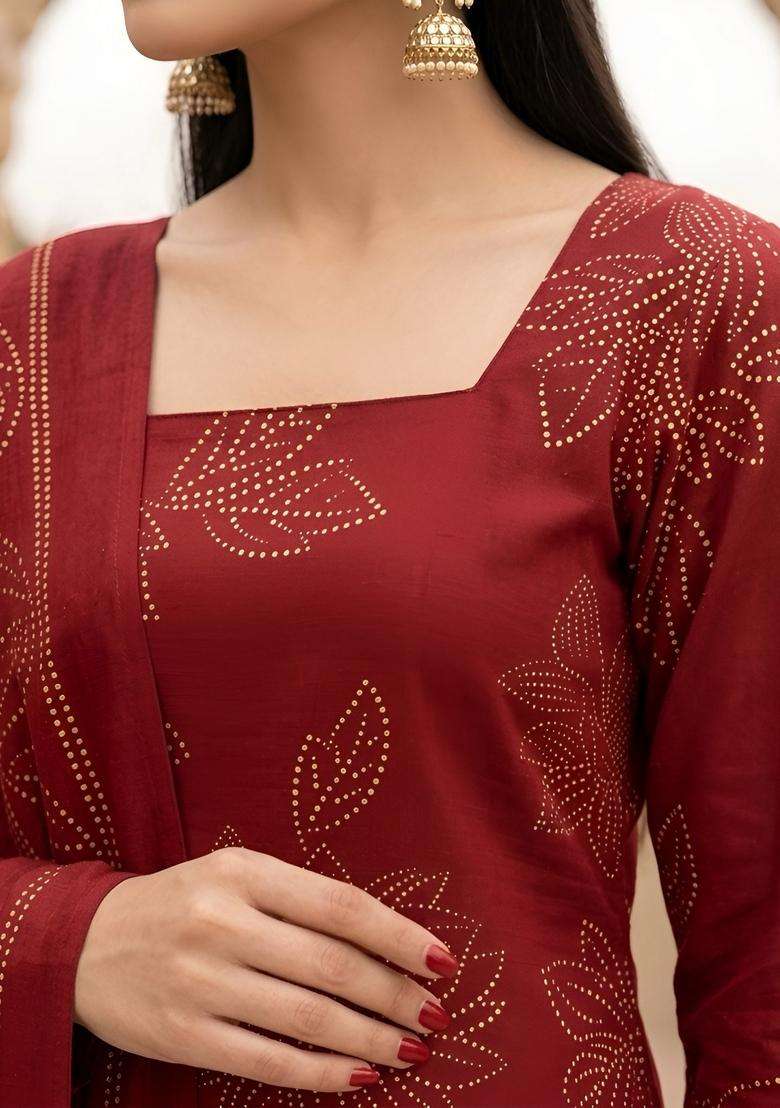 Maroon Printed Cotton Kurta Set - Indya