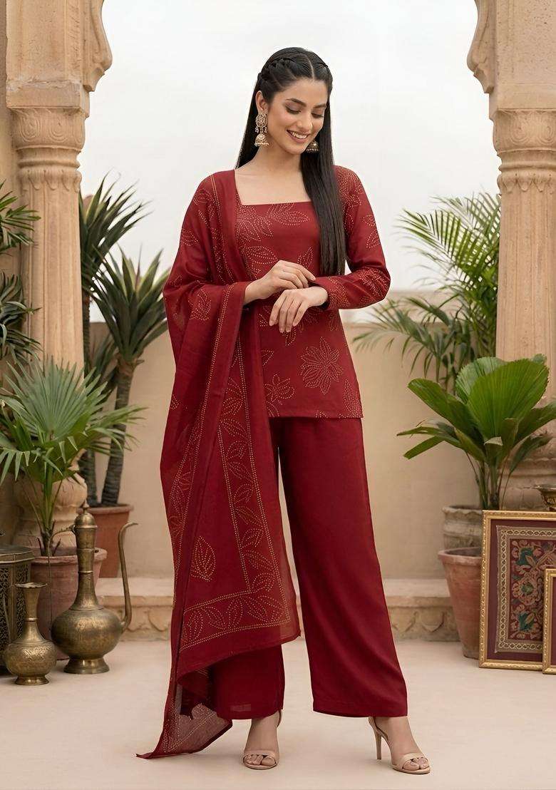 Maroon Printed Cotton Kurta Set - Indya