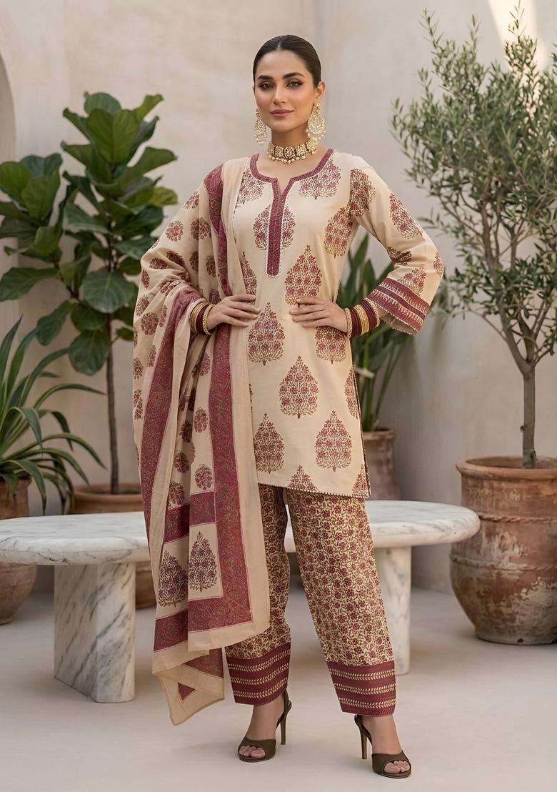 Beige Printed Cotton Kurta Set - Indya