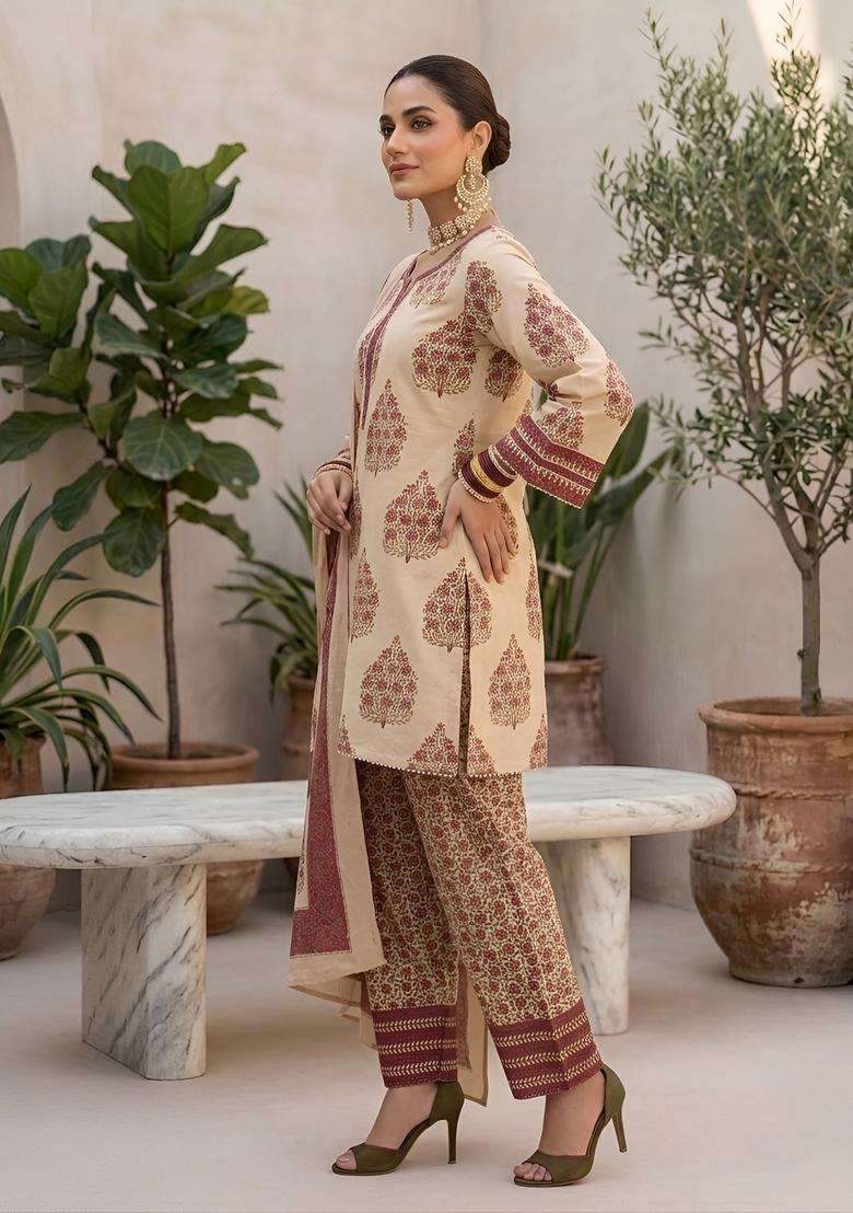 Beige Printed Cotton Kurta Set - Indya