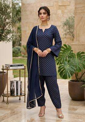 Blue Printed Cotton Kurta Set