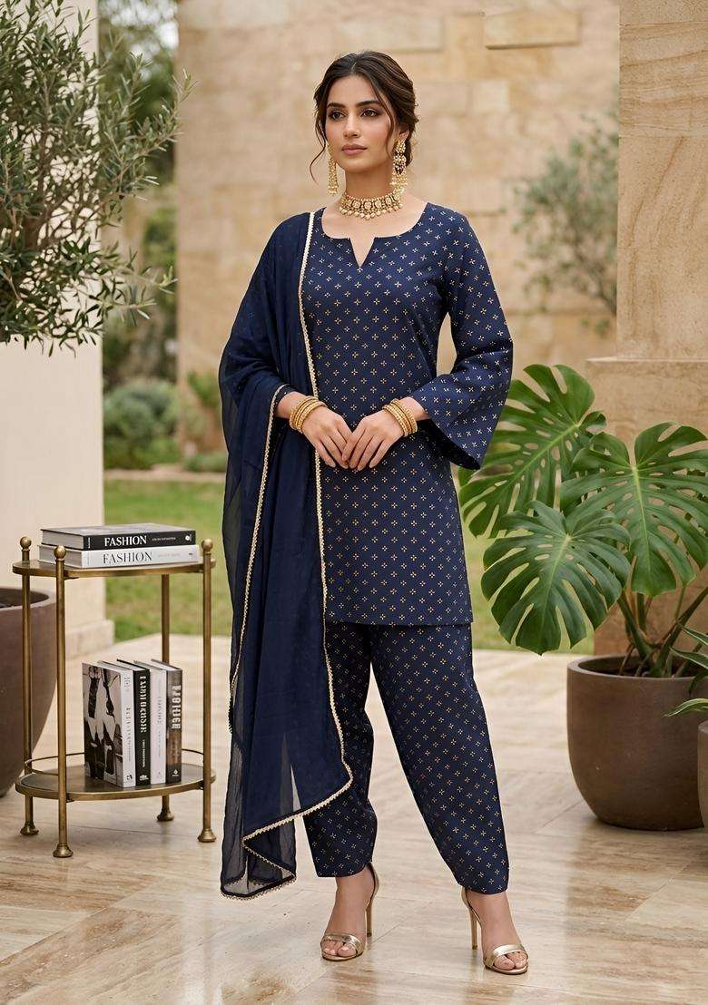 Blue Printed Cotton Kurta Set - Indya