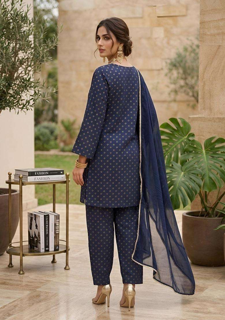 Blue Printed Cotton Kurta Set - Indya