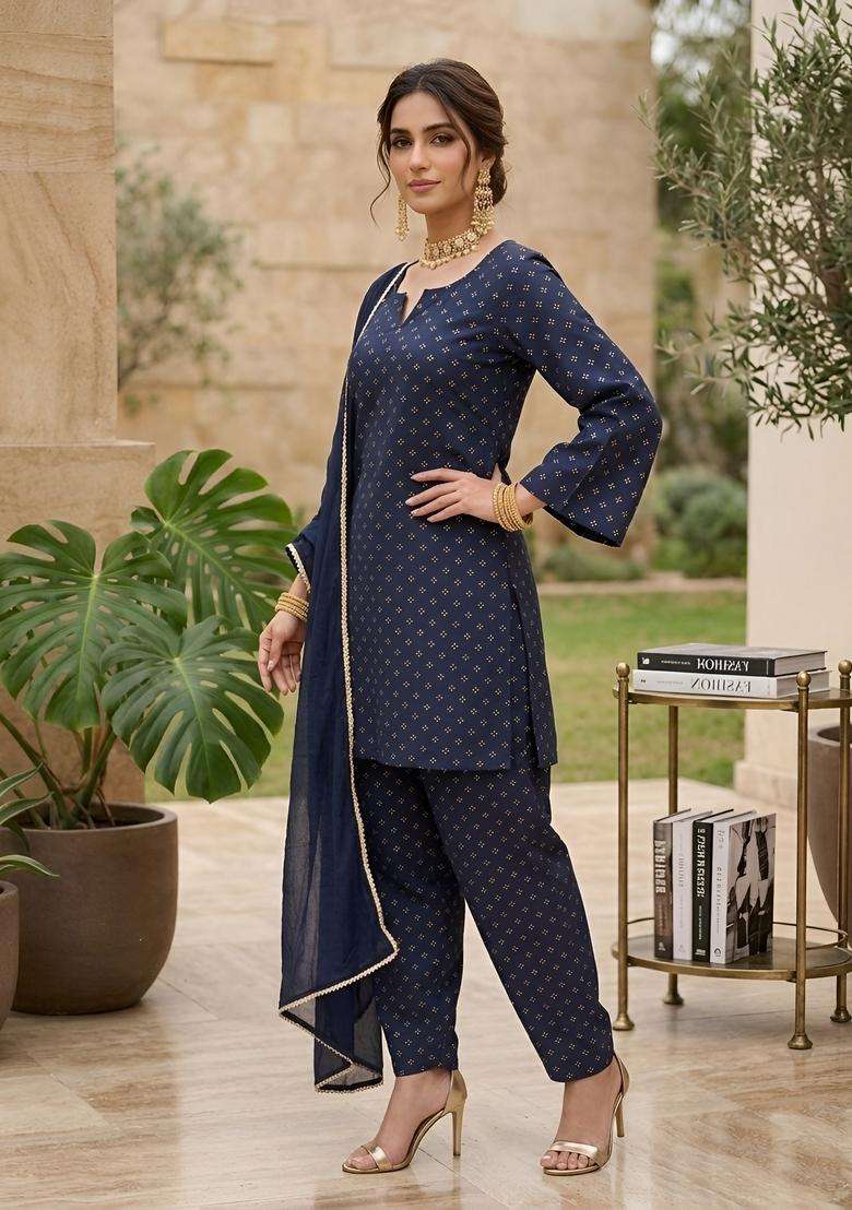 Blue Printed Cotton Kurta Set - Indya
