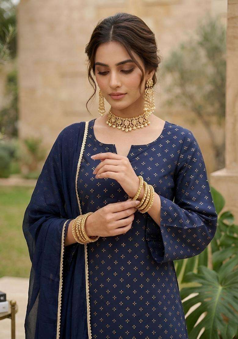 Blue Printed Cotton Kurta Set - Indya