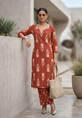 Orange Printed Cotton Kurta Set