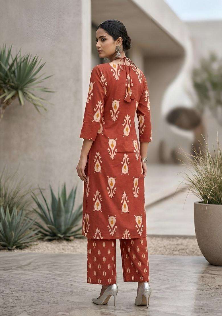 Orange Printed Cotton Kurta Set - Indya