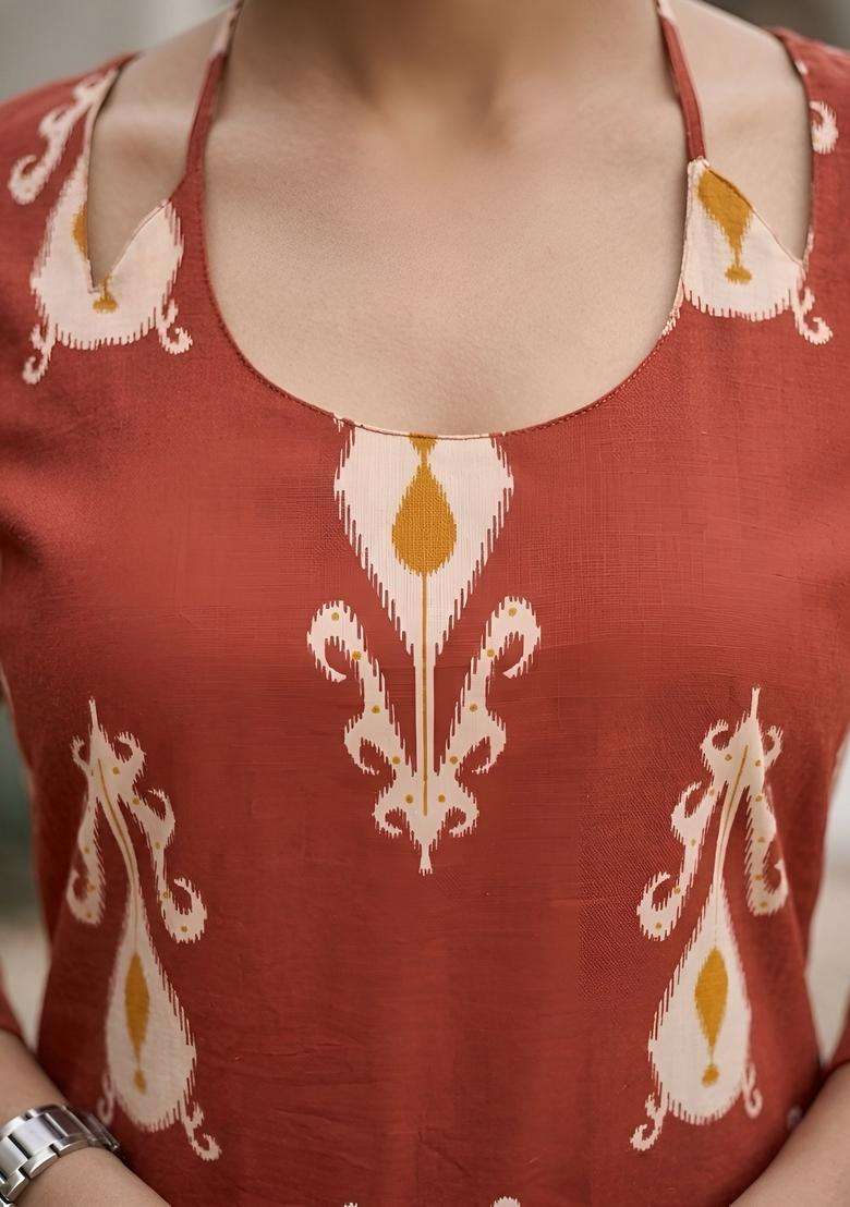 Orange Printed Cotton Kurta Set - Indya