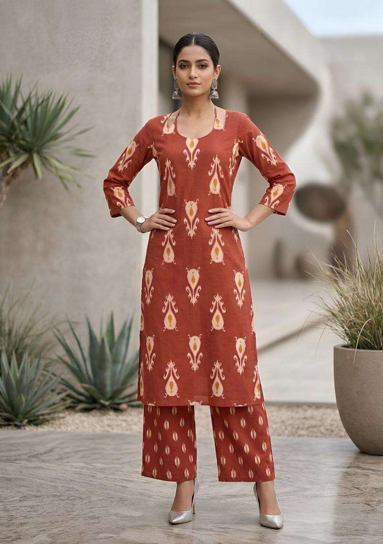 Orange Printed Cotton Kurta Set - Indya