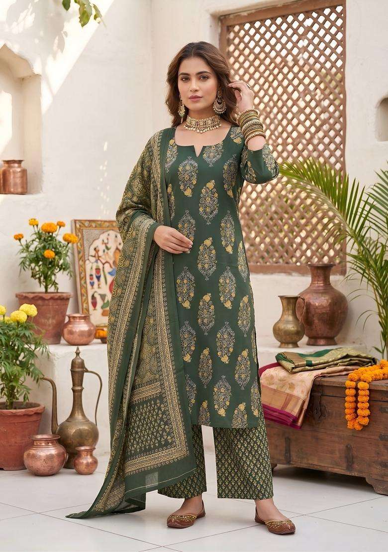 Green Printed Cotton Kurta Set - Indya