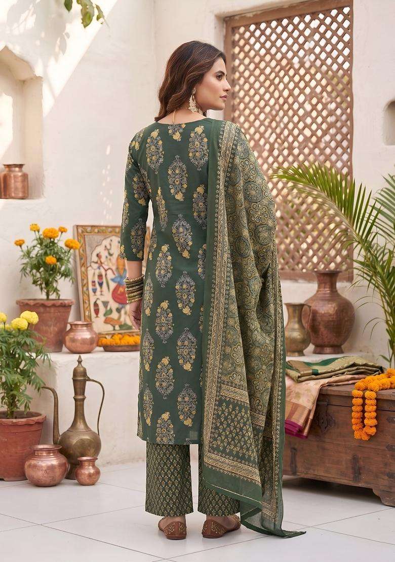 Green Printed Cotton Kurta Set - Indya