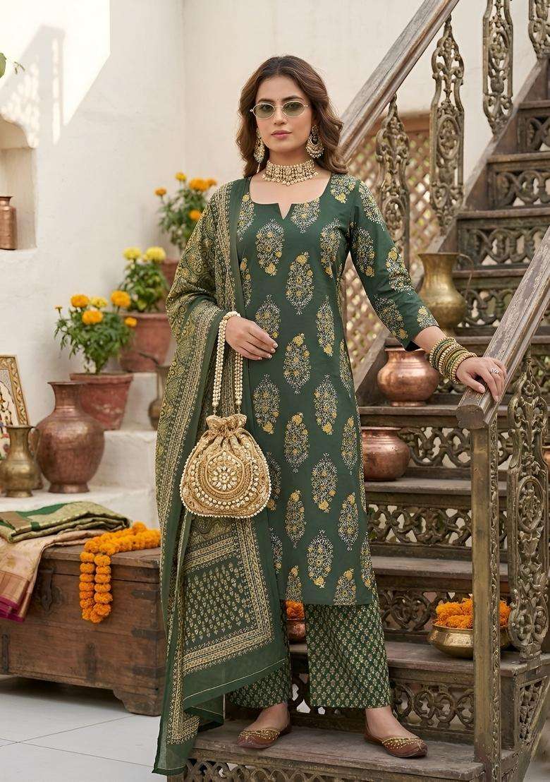 Green Printed Cotton Kurta Set - Indya