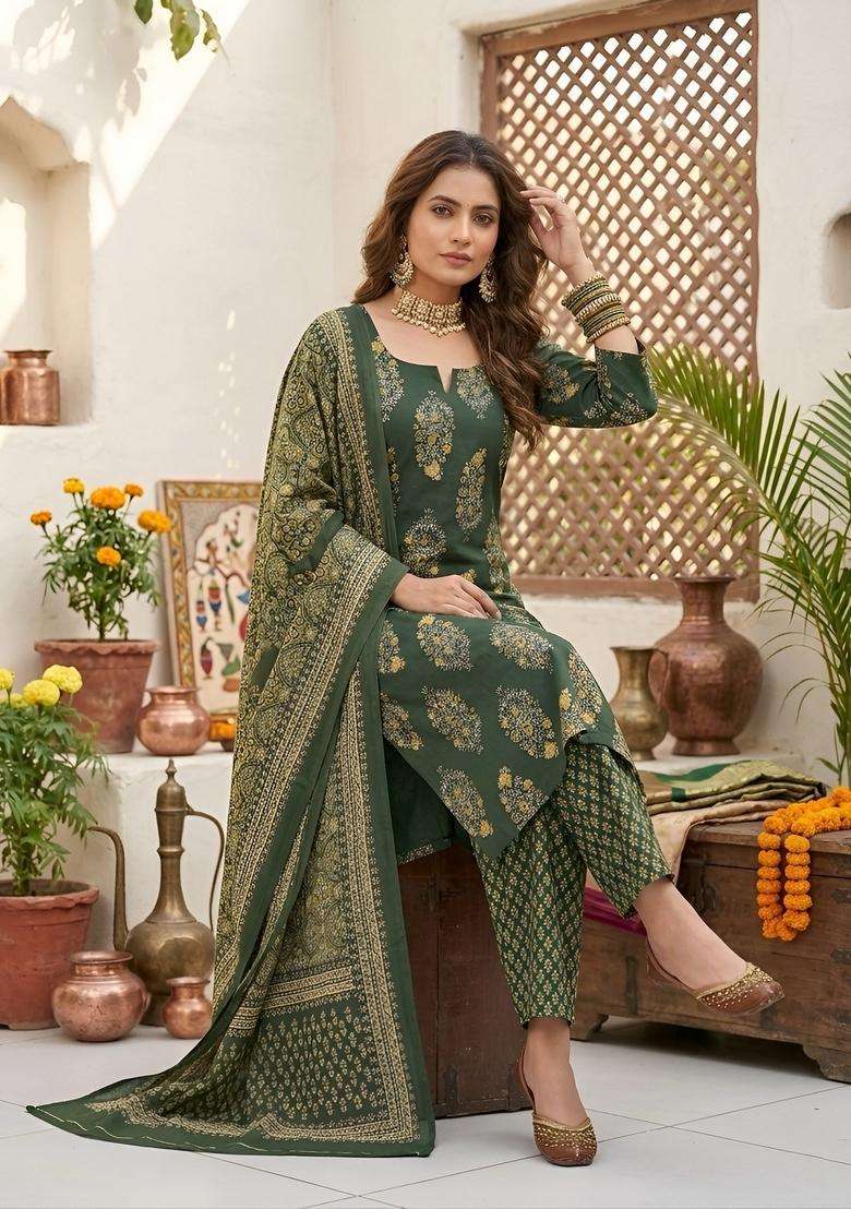 Green Printed Cotton Kurta Set - Indya