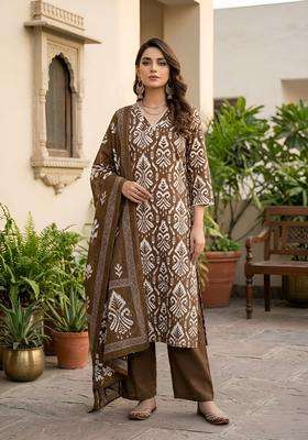 Brown Printed Cotton Kurta Set