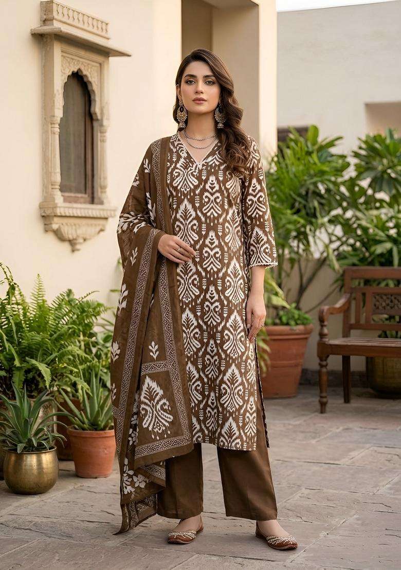 Brown Printed Cotton Kurta Set - Indya