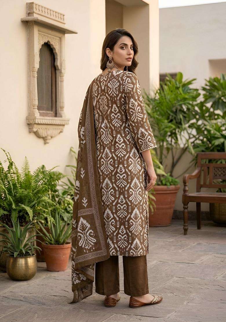Brown Printed Cotton Kurta Set - Indya