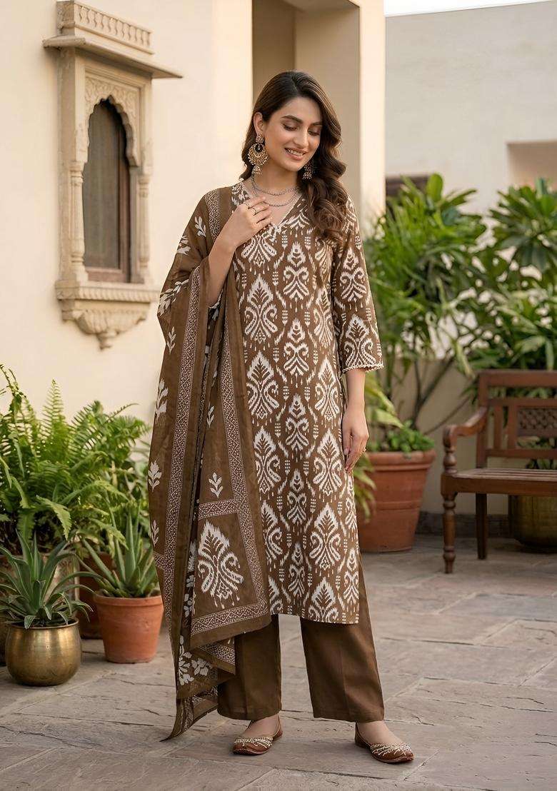 Brown Printed Cotton Kurta Set - Indya