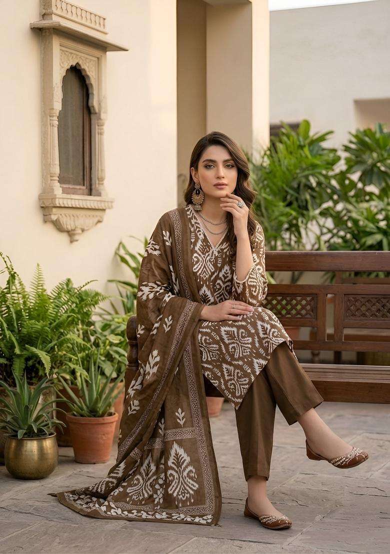 Brown Printed Cotton Kurta Set - Indya