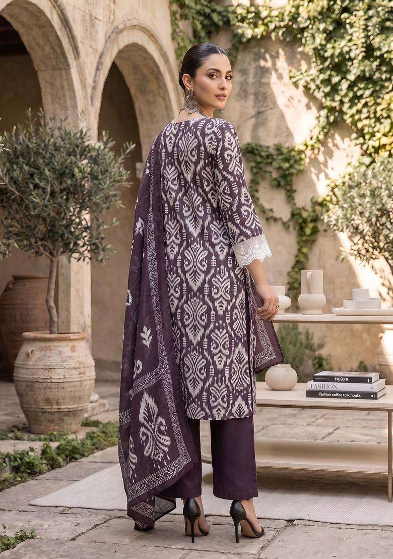 Purple Printed Cotton Kurta Set - Indya