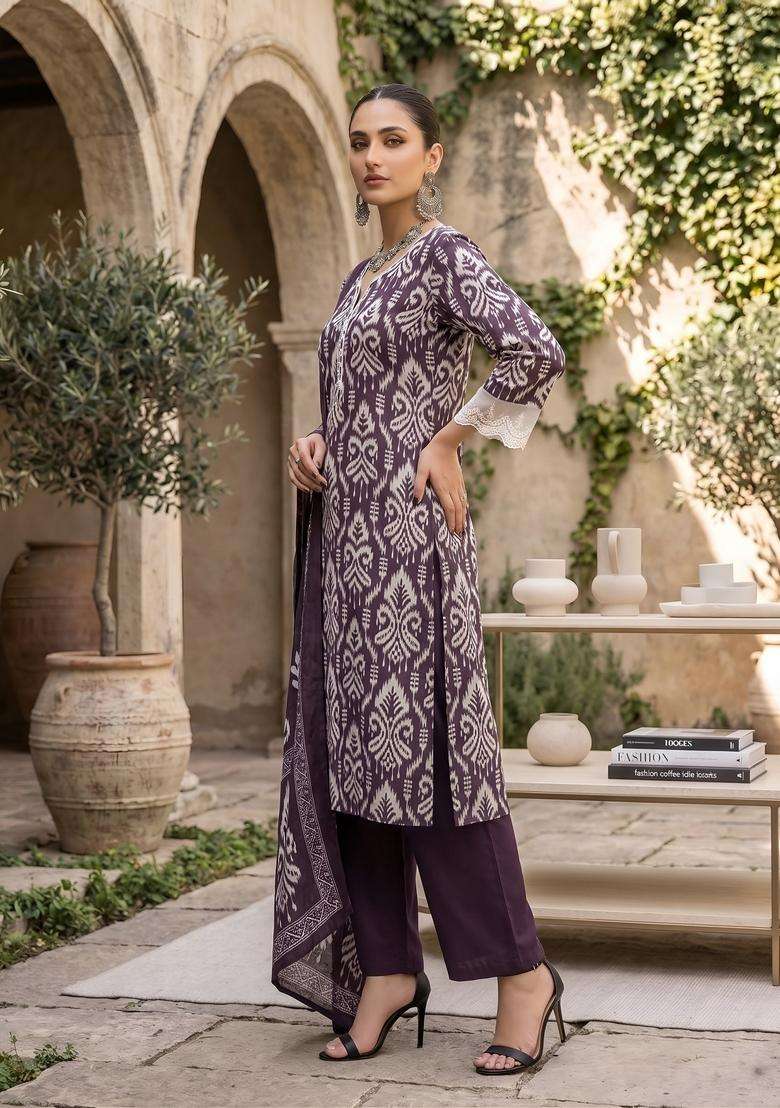 Purple Printed Cotton Kurta Set - Indya