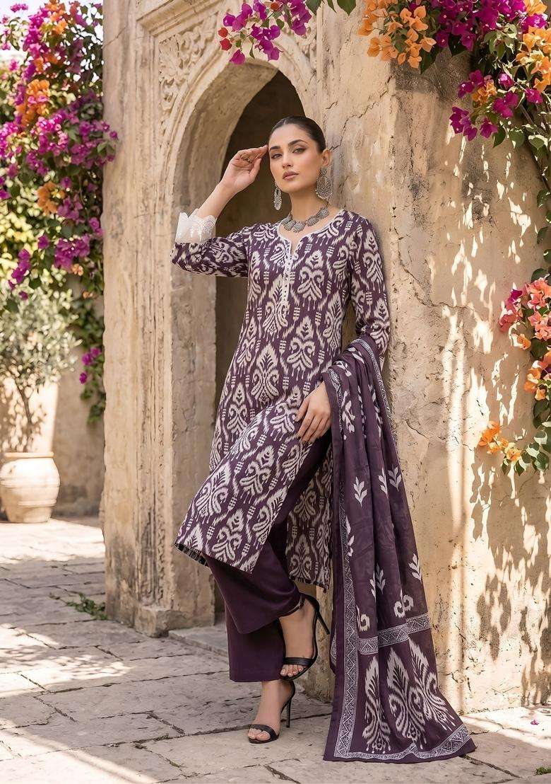Purple Printed Cotton Kurta Set - Indya