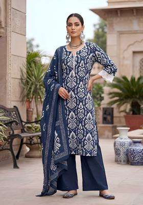 Blue Printed Cotton Kurta Set