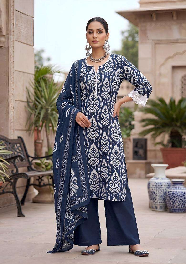 Blue Printed Cotton Kurta Set - Indya
