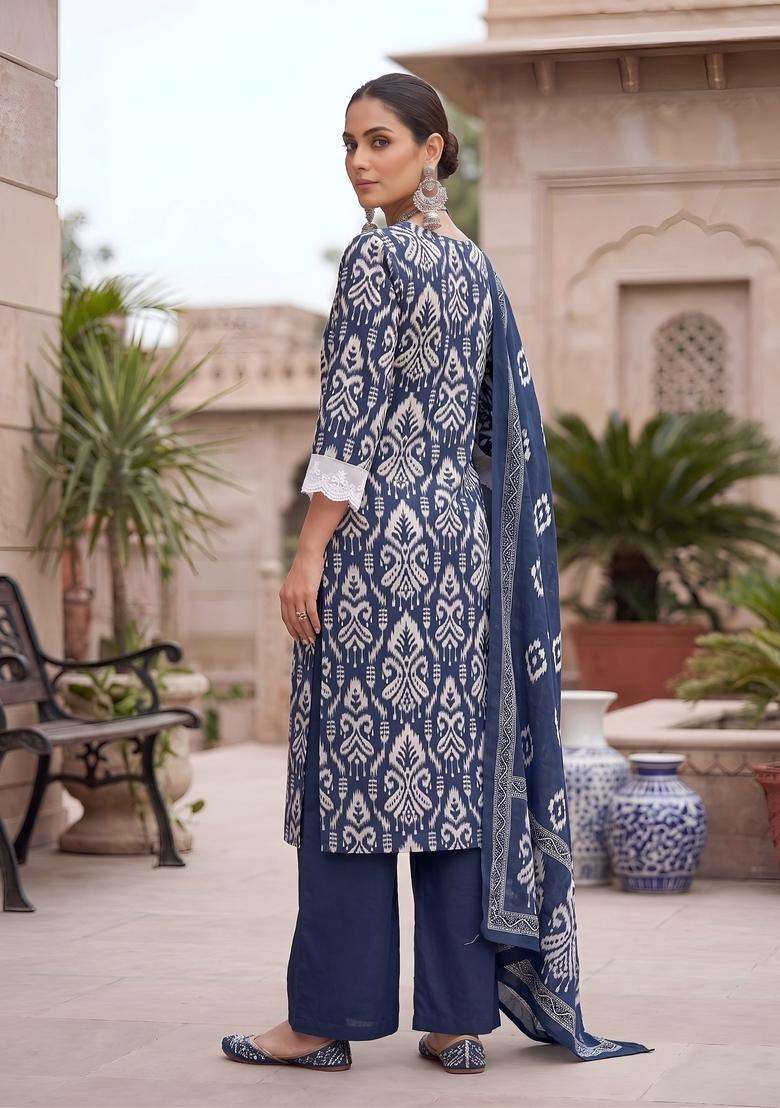 Blue Printed Cotton Kurta Set - Indya