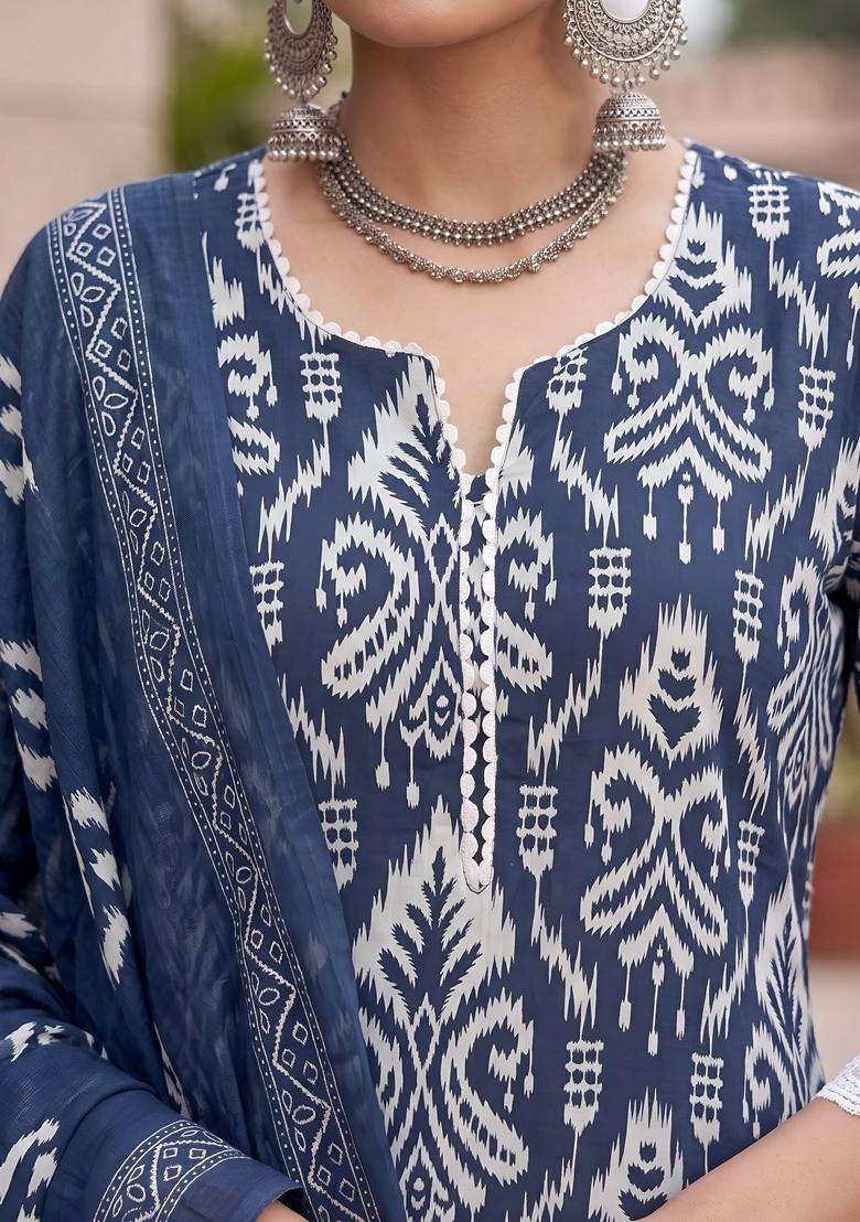 Blue Printed Cotton Kurta Set - Indya