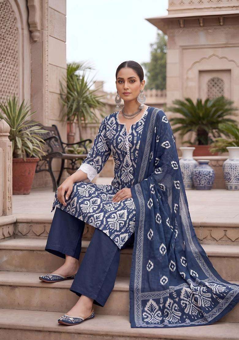 Blue Printed Cotton Kurta Set - Indya