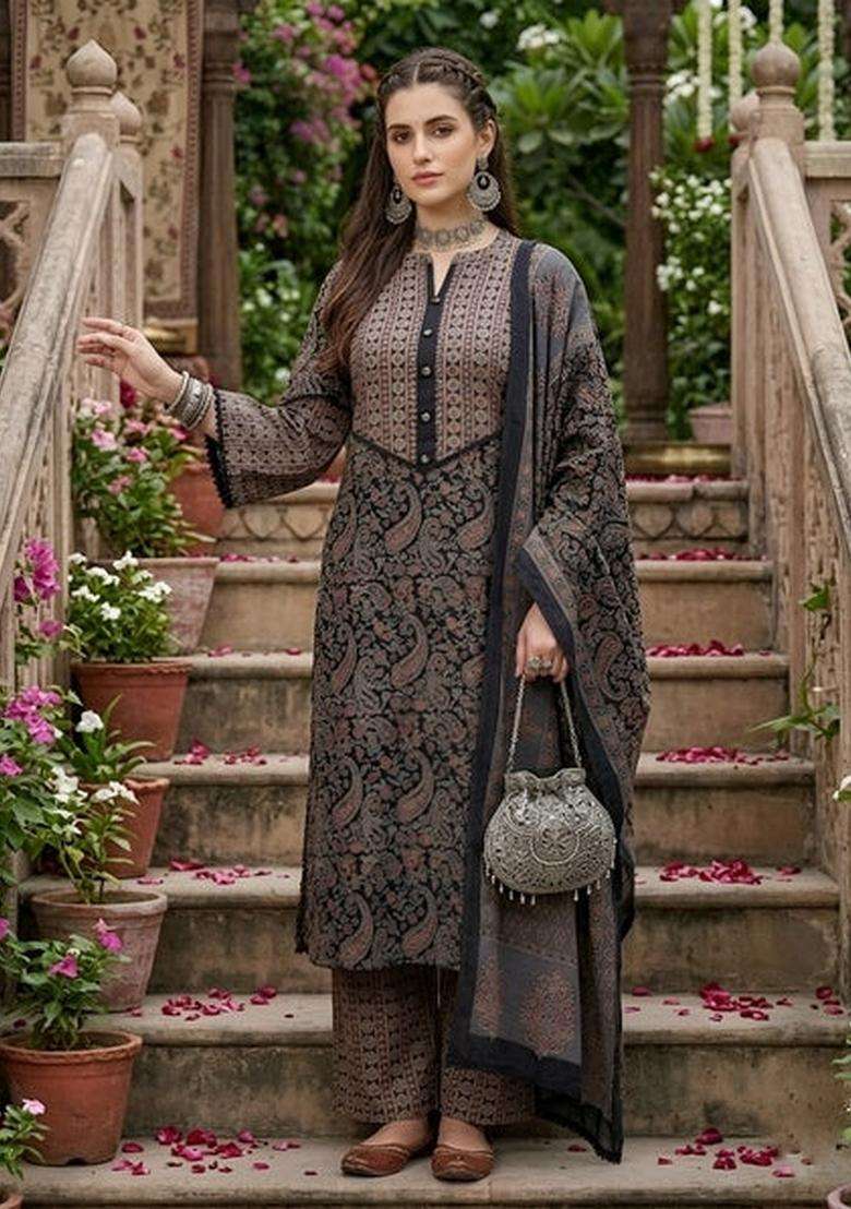 Black Printed Cotton Kurta Set - Indya